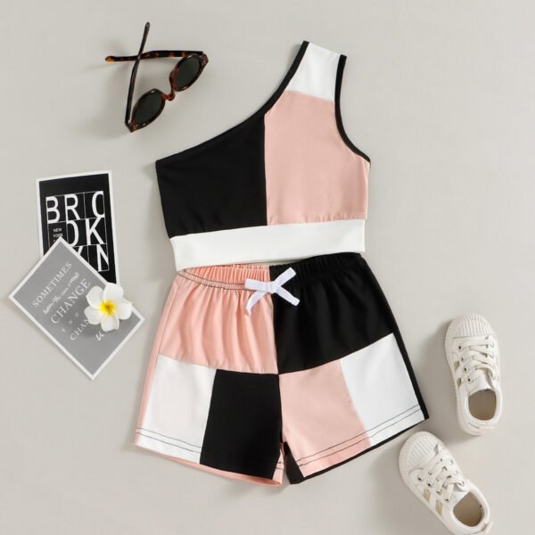 Liuliukd|Patchwork One Shoulder Clothing For Girls-Pink-Kids