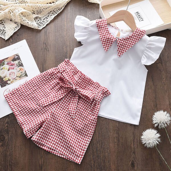 Liuliukd|Plaid Lapel Top Shorts Kids Summer Clothing Sets-Pink-Kids