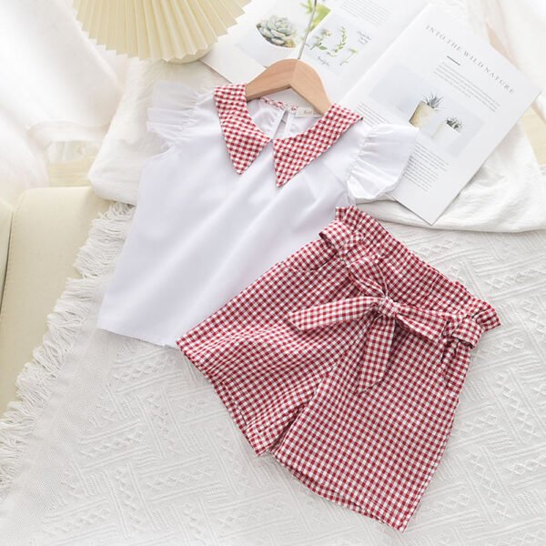 Liuliukd|Plaid Lapel Top Shorts Kids Summer Clothing Sets-Pink-Kids