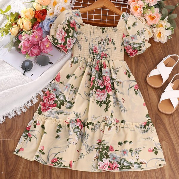 Liuliukd|Puff Sleeve Floral Dress For Kids Girl-Beige-Teenager