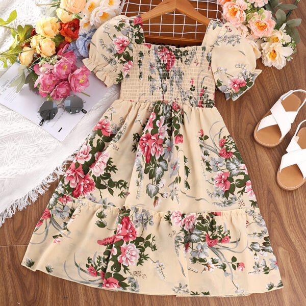 Liuliukd|Puff Sleeve Floral Dress For Kids Girl-Beige-Teenager