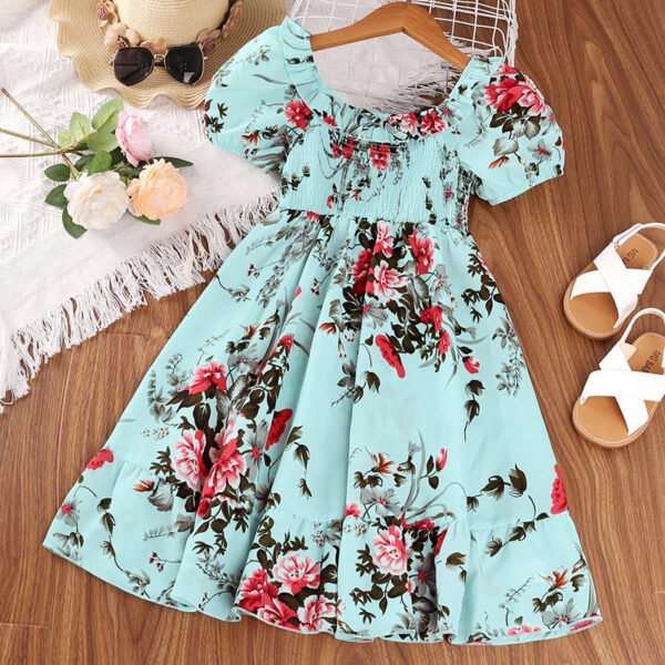 Liuliukd|Puff Sleeve Floral Kids Casual Dresses-Blue-Teenager