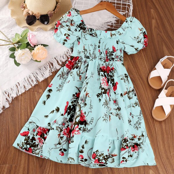 Liuliukd|Puff Sleeve Floral Kids Casual Dresses-Blue-Teenager