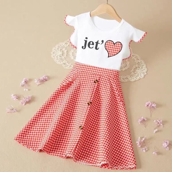 Liuliukd|Short Sleeve Letter Plaid Girls Dress-Red-Teenager