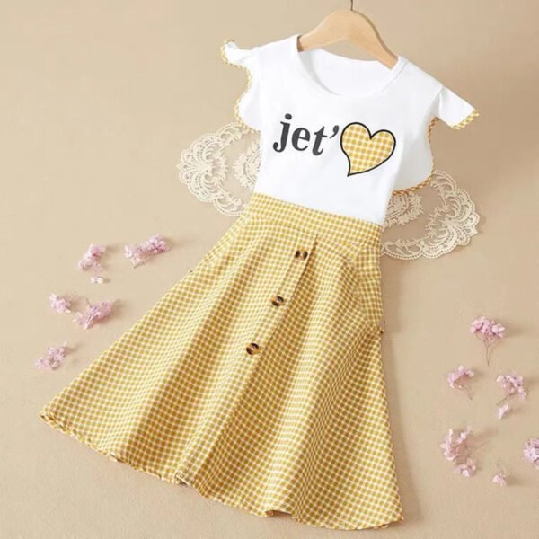 Liuliukd|Short Sleeve Letter Plaid Girls Dress-Yellow-Teenager