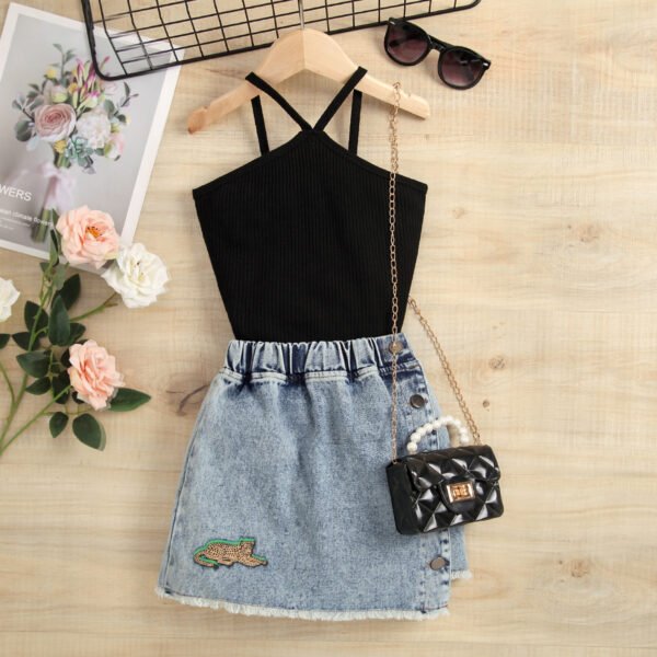 Liuliukd|Vest Animal Embroidery Denim Skirt Wholesale Kids Clothing-Black-Kids