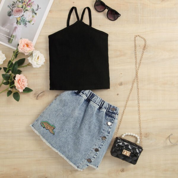 Liuliukd|Vest Animal Embroidery Denim Skirt Wholesale Kids Clothing-Black-Kids