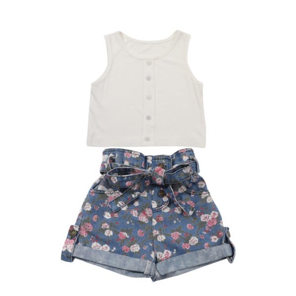 Liuliukd|Vest Flower Denim Shorts Girls Clothing Sets-Kids