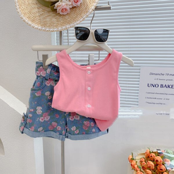 Liuliukd|Vest Flower Denim Shorts Girls Clothing Sets-Pink-Kids