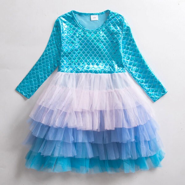 Liuliukd|Mermaid Mesh Gradient Long Sleeve Child Girl Cake Dress-Blue-Kids