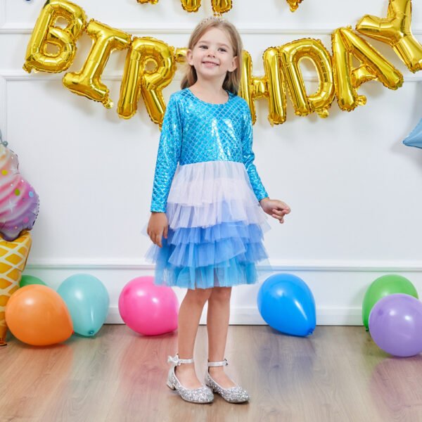 Liuliukd|Mermaid Mesh Gradient Long Sleeve Child Girl Cake Dress-Blue-Kids