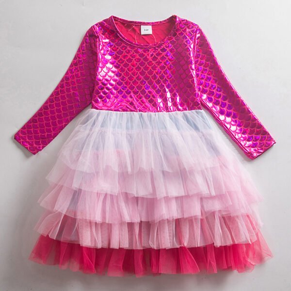 Liuliukd|Mermaid Mesh Gradient Long Sleeve Child Girl Cake Dress-Fuchsia-Kids