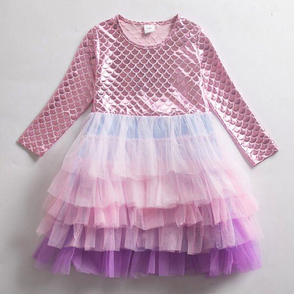 Liuliukd|Mermaid Mesh Gradient Long Sleeve Child Girl Cake Dress-Pink-Kids