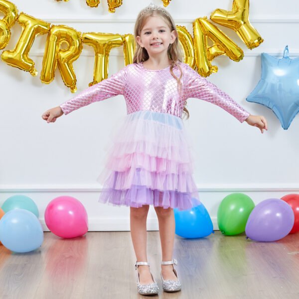 Liuliukd|Mermaid Mesh Gradient Long Sleeve Child Girl Cake Dress-Pink-Kids