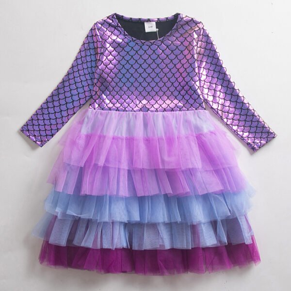 Liuliukd|Mermaid Mesh Gradient Long Sleeve Child Girl Cake Dress-Purple-Kids