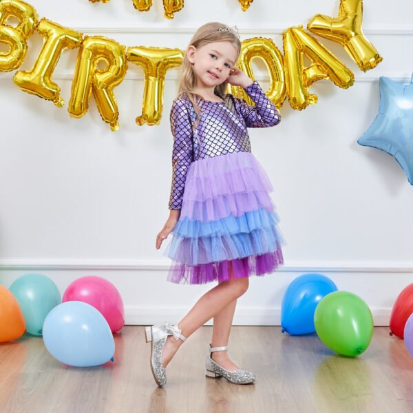 Liuliukd|Mermaid Mesh Gradient Long Sleeve Child Girl Cake Dress-Purple-Kids