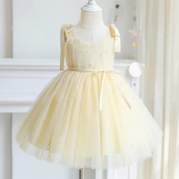Liuliukd|Tulle Pearls Strap Girls Princess Dresses-Beige-Kids