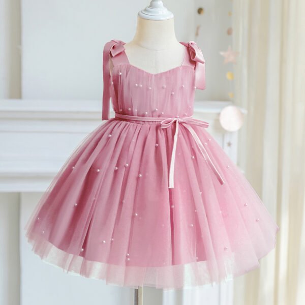 Liuliukd|Tulle Pearls Strap Girls Princess Dresses-Pink-Kids