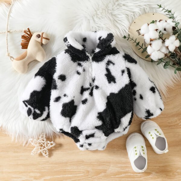 Liuliukd|Cow Printed Fur Plush Romper-Black-Baby
