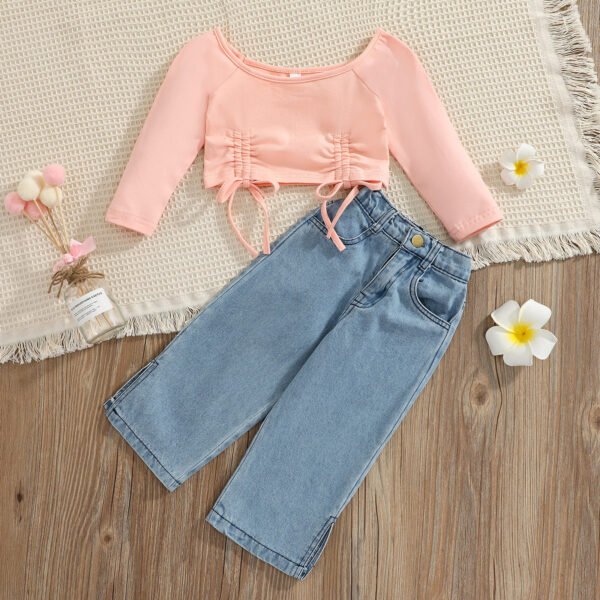 Liuliukd|Crop Lacing Tops&Denim Trousers Childrens Clothing-Pink-Kids