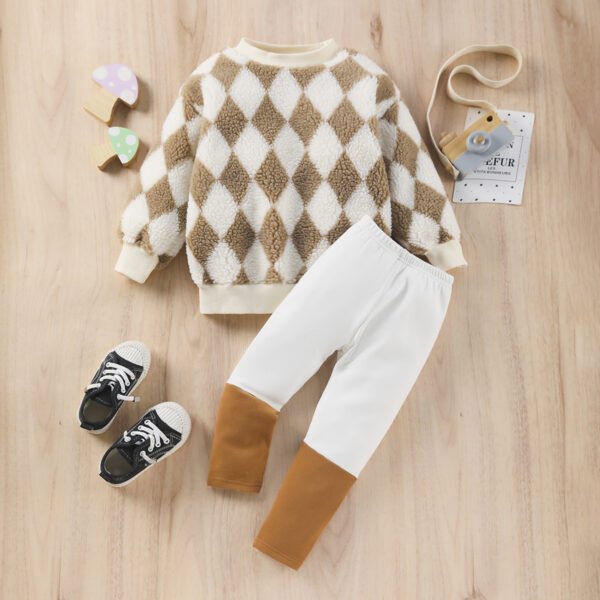 Liuliukd|Fleece Checkerboard Print Kids Clothing Girls-Khaki-Kids