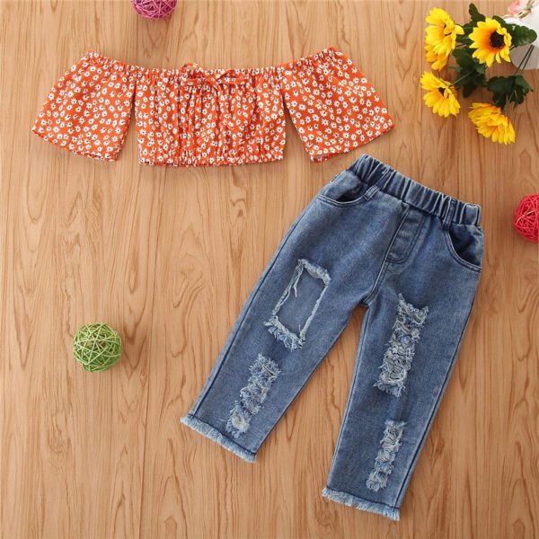 Liuliukd|Floral Off Shoulder Tube Top&Ripped Jeans Kid Summer Clother-Red-Kids