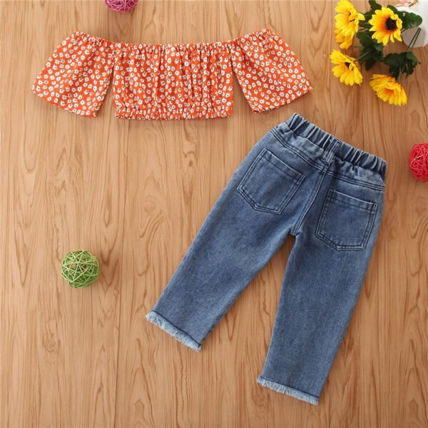 Liuliukd|Floral Off Shoulder Tube Top&Ripped Jeans Kid Summer Clother-Red-Kids