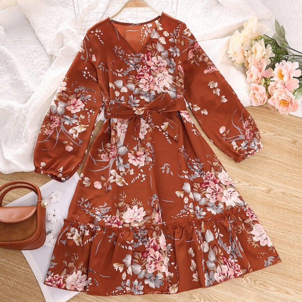 Liuliukd|Floral V Neck Children Dress-Brown-Teenager