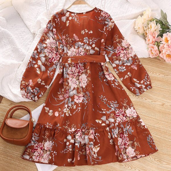 Liuliukd|Floral V Neck Children Dress-Brown-Teenager