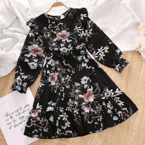 Liuliukd|Floral V Neck Children Dress-Dark Gray-Teenager