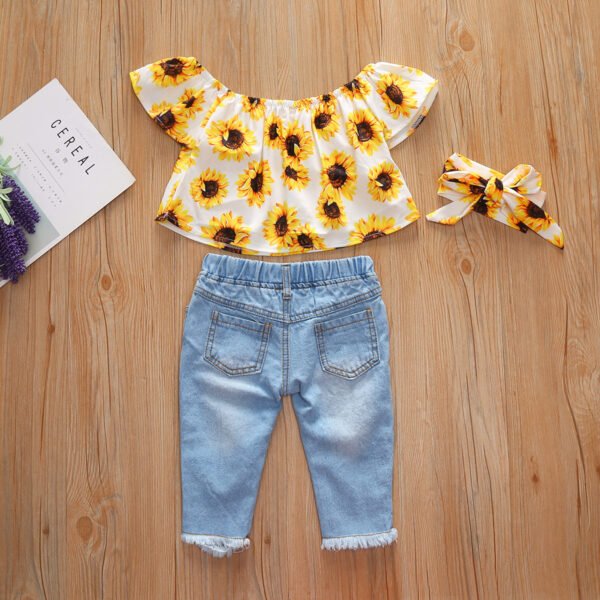 Liuliukd|Fly Sleeve Flower Print Top Denim Pants Headband Kids Wear-White-Kids
