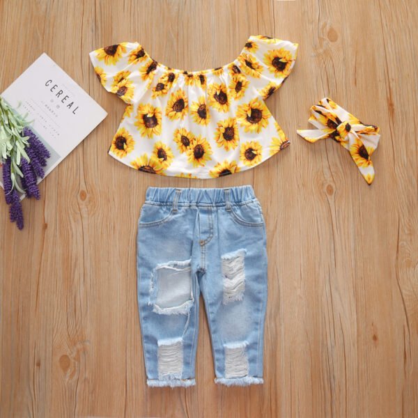 Liuliukd|Fly Sleeve Flower Print Top Denim Pants Headband Kids Wear-White-Kids
