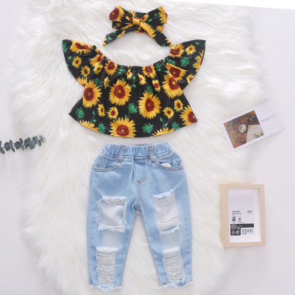 Liuliukd|Fly Sleeve Flower Print Top Denim Pants Headband Kids Wear-Yellow-Kids