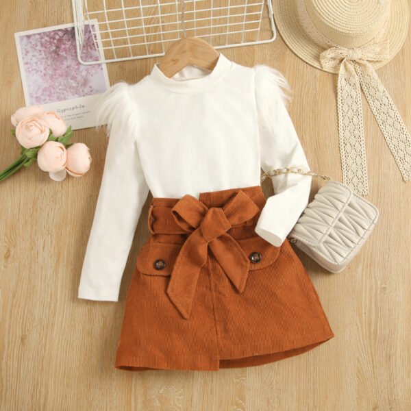 Liuliukd|Furry T Shirts Skirts Little Girls Clothing Set-White-Kids