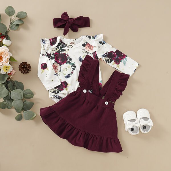 Liuliukd|Girls Floral Romper Overall Dress Set Baby Clothes-Red-Baby