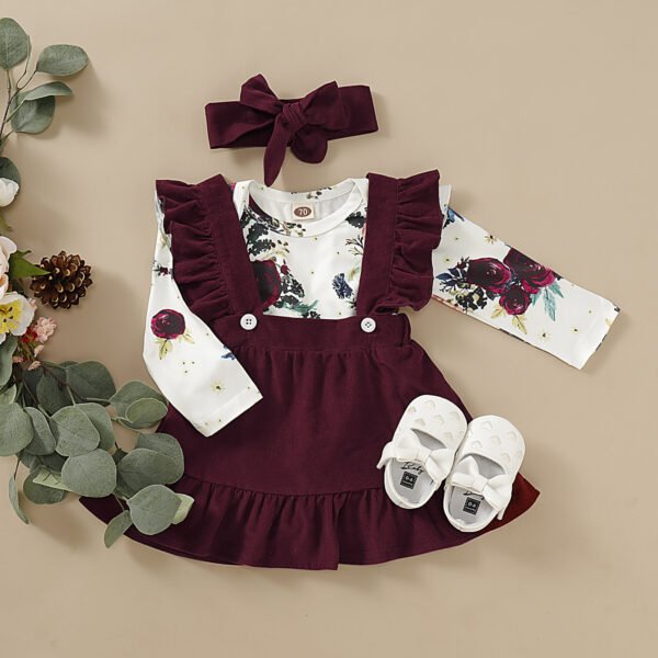 Liuliukd|Girls Floral Romper Overall Dress Set Baby Clothes-Red-Baby