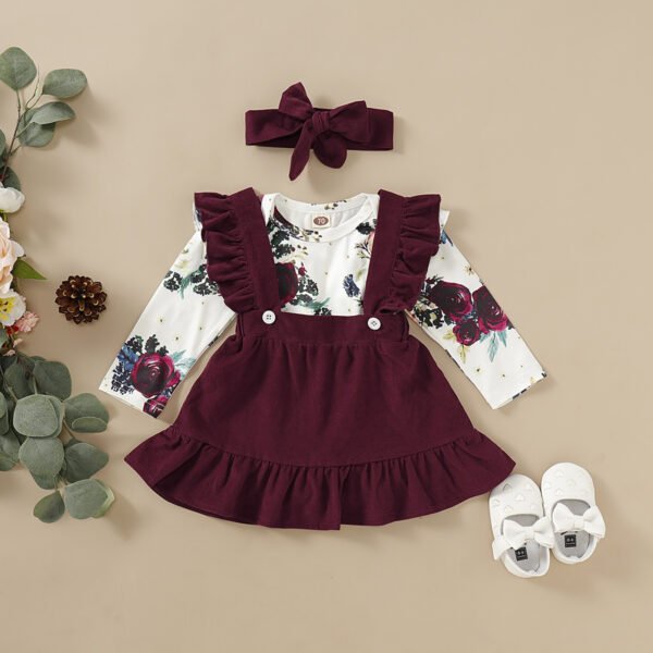 Liuliukd|Girls Floral Romper Overall Dress Set Baby Clothes-Red-Baby