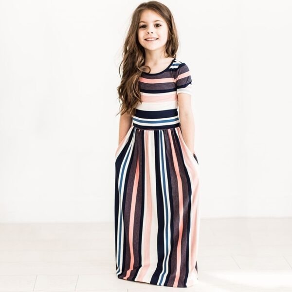 Liuliukd|Girls Short Sleeve Stripe Printed Maxi Dresses-Gray-Kids