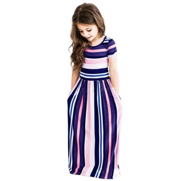 Liuliukd|Girls Short Sleeve Stripe Printed Maxi Dresses-Purple-Kids