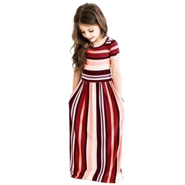 Liuliukd|Girls Short Sleeve Stripe Printed Maxi Dresses-Red-Kids