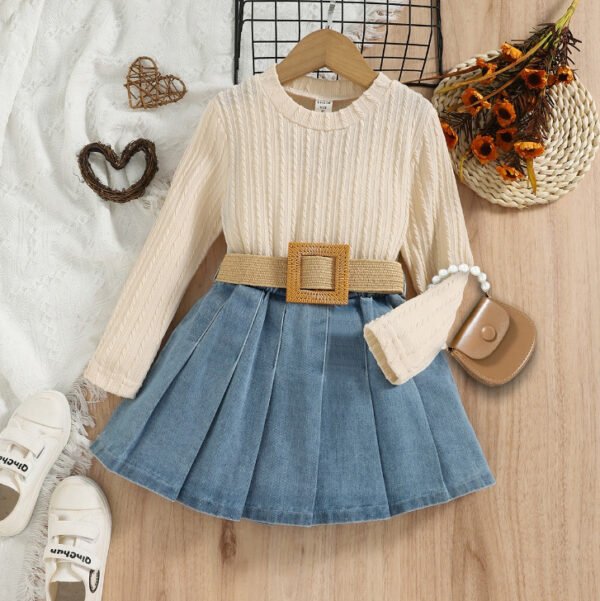 Liuliukd|Knit Sweater Denim Pleated Skirt Girls Set-Beige-Kids