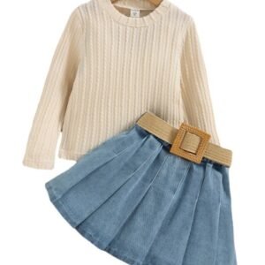 Liuliukd|Knit Sweater Denim Pleated Skirt Girls Set-Kids