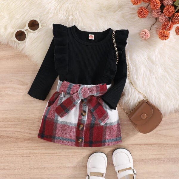 Liuliukd|Long Sleeve Ribbed Tops Plaid Skirt Kids Girls Clothing-Black-Kids