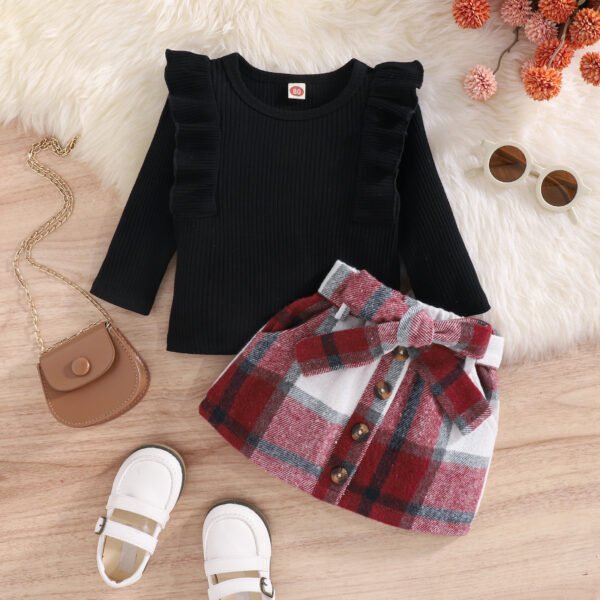 Liuliukd|Long Sleeve Ribbed Tops Plaid Skirt Kids Girls Clothing-Black-Kids