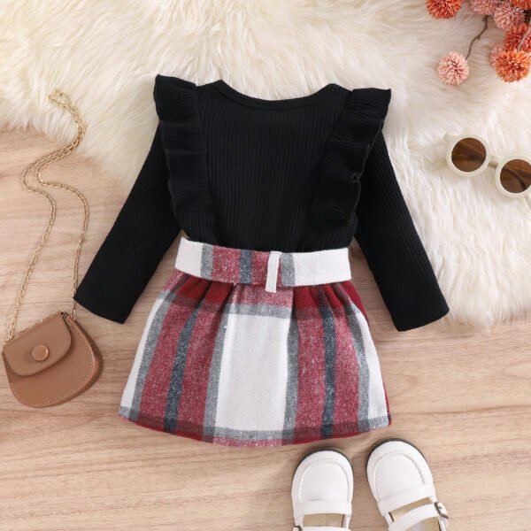 Liuliukd|Long Sleeve Ribbed Tops Plaid Skirt Kids Girls Clothing-Black-Kids