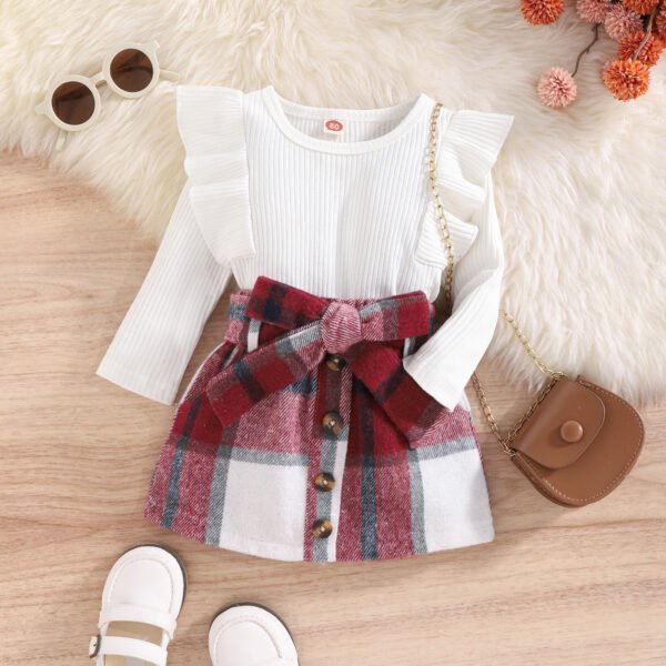 Liuliukd|Long Sleeve Ribbed Tops Plaid Skirt Kids Girls Clothing-White-Kids