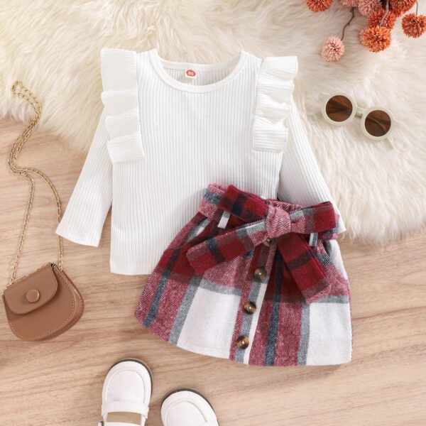 Liuliukd|Long Sleeve Ribbed Tops Plaid Skirt Kids Girls Clothing-White-Kids