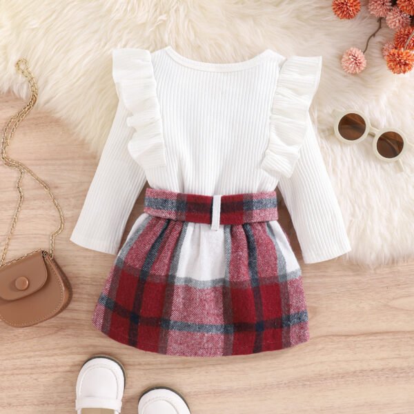 Liuliukd|Long Sleeve Ribbed Tops Plaid Skirt Kids Girls Clothing-White-Kids