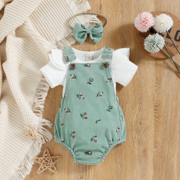 Liuliukd|New Born Girl Set Tops Corduroy Overalls Headband 3Pcs-Green-Baby