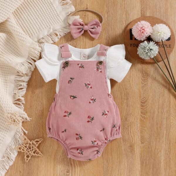 Liuliukd|New Born Girl Set Tops Corduroy Overalls Headband 3Pcs-Pink-Baby
